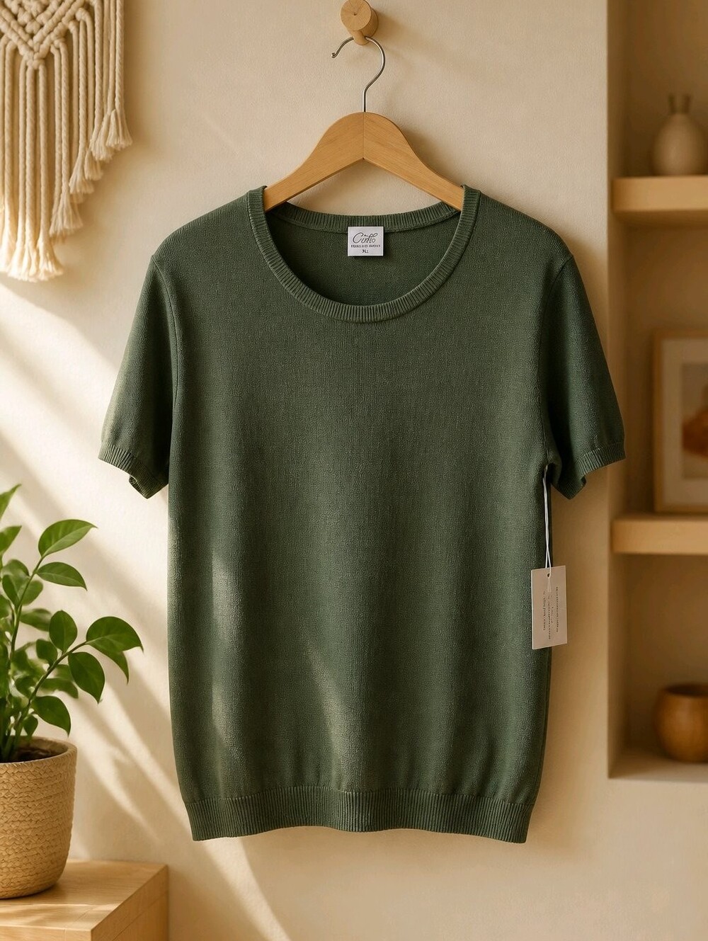 Cielo NWT Women's Short-Sleeve Fine Knit Crewneck Sweater - Olive Green Size XL